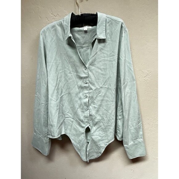 Cloth & Stone Tie-Front Tencel Button Down Shirt Ash Green Medium Long Sleeve - Picture 1 of 10